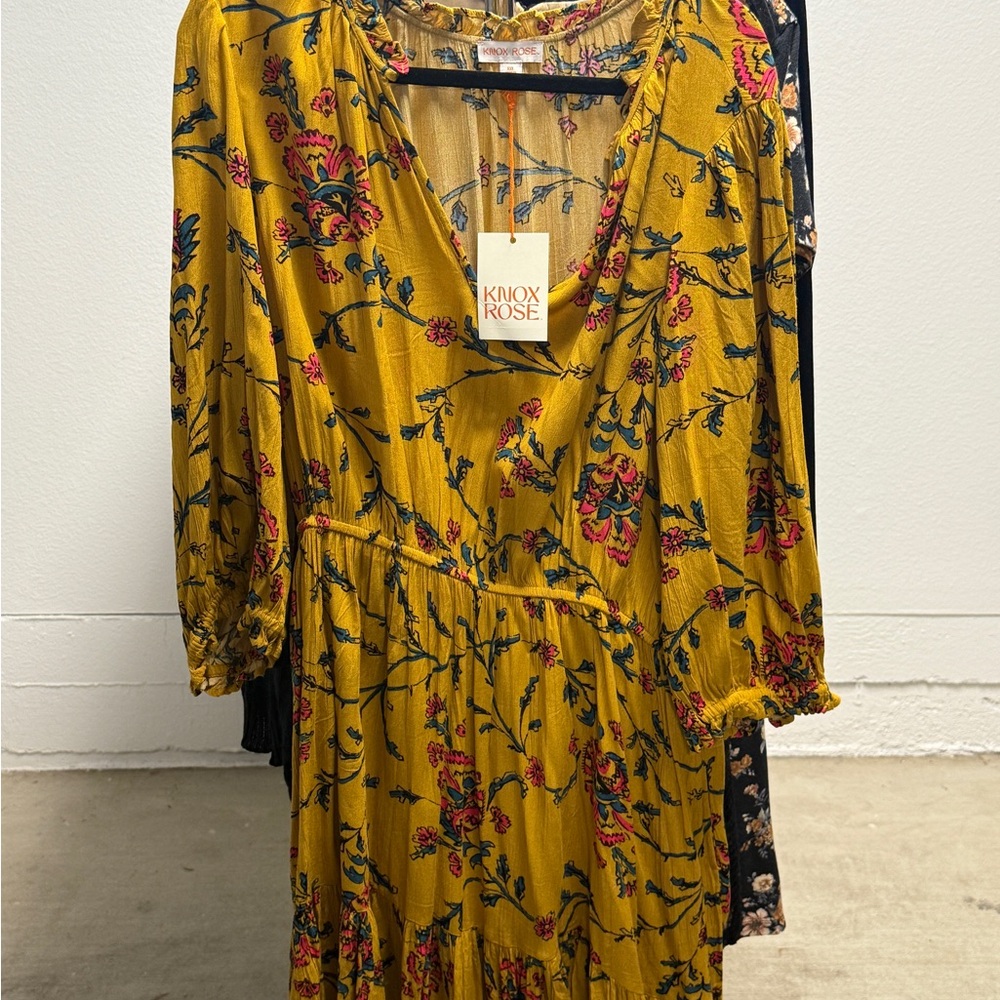 Knox Rose Yellow Sundress with Bishop Sleeves and Plunge Neckline